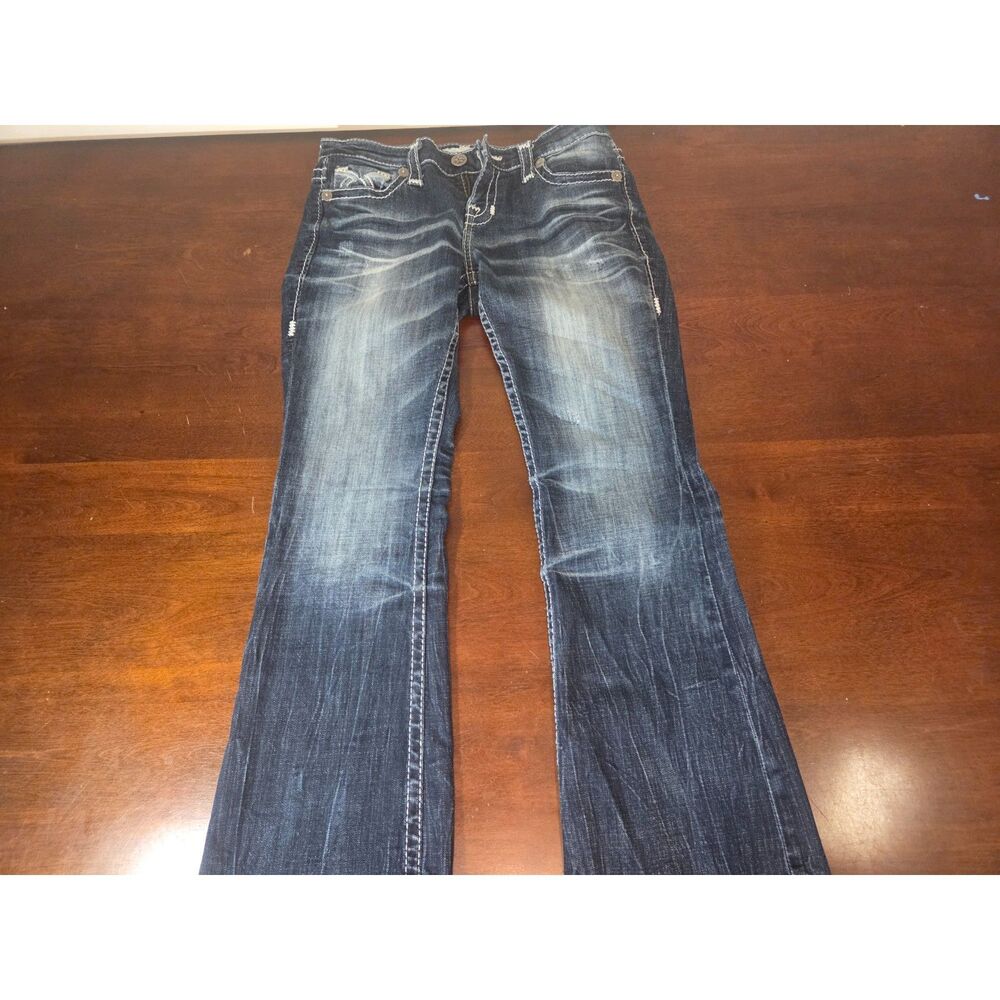 ​Big Star Women Jeans 28R Blue Bootcut Thick Stitch Embroidered Frayed Raw Hem